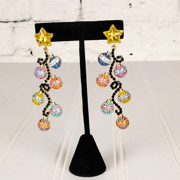 -Dvacaman Rhinestone Long Christmas Ornament Statement Earrings - Picture 2 of 6